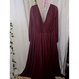 Burgundy Flowy Maxi Gown Size 20W Deep V Neck Chiffon Formal Dress Long Sleeve‎